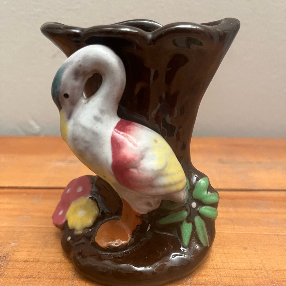 Japan Japanese Vintage Glazed Bud Vase Exotic Flamigo Crane Mid Century Modern
